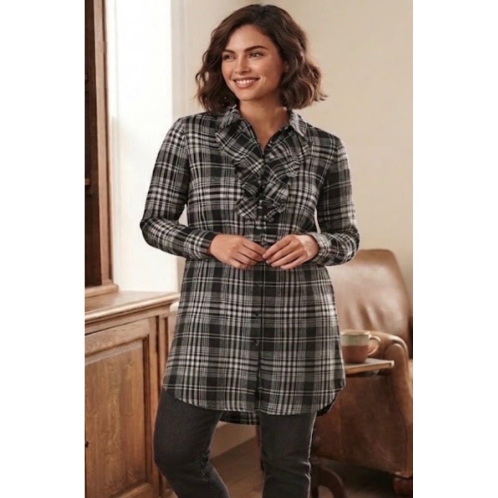 Rugby Ralph Lauren Black White Plaid Ruffle Neck Silk Blend Button Down Shirt M